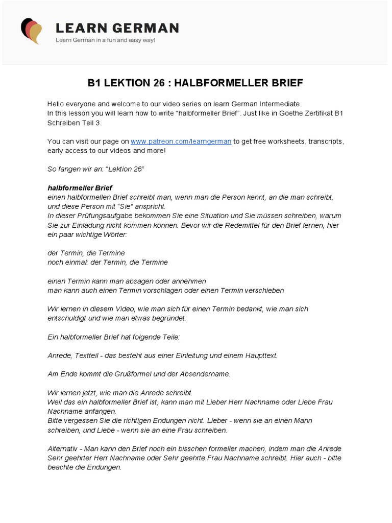 B1 - Lektion 26 - Halbformeller Brief | PDF
