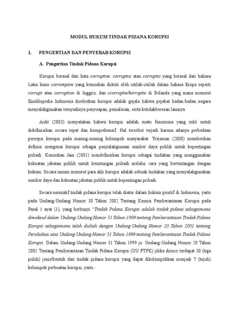 Modul Hukum Tindak Pidana Korupsi 1 Pengertian Dan Penyebab Korupsi A Pengertian Tindak Pidana Korupsi