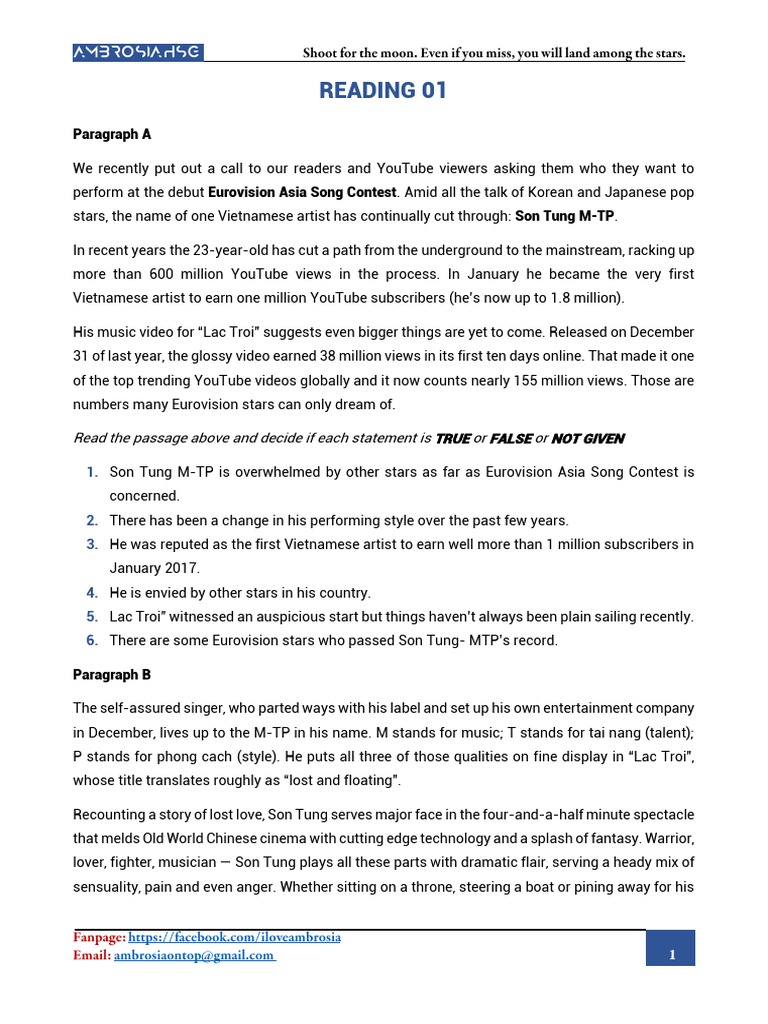 Reading 01: Read The Passage Above and Decide If Each Statement Is TRUE or FALSE or NOT GIVEN ...