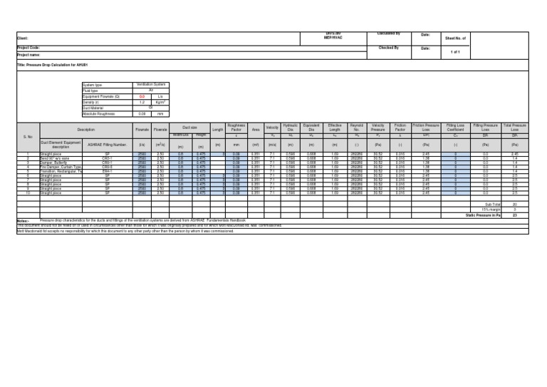 Static Pressure Calculations V1.1 | PDF | Duct (Flow) | Pressure