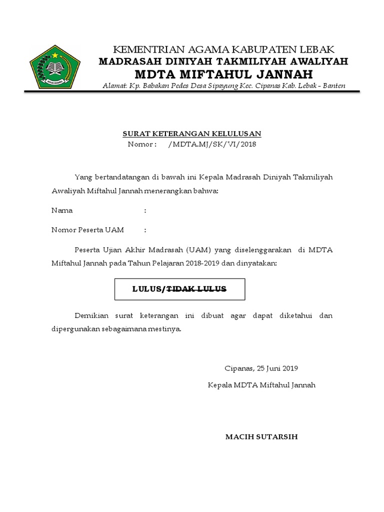 Surat Keterangan Lulus Mdta Sementara
