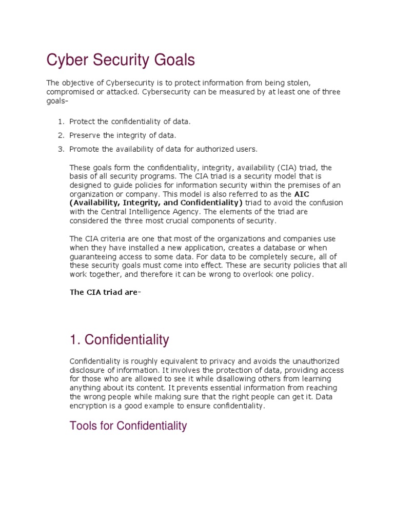 Cyber Security Goals 1. Confidentiality PDF Information Security Encryption