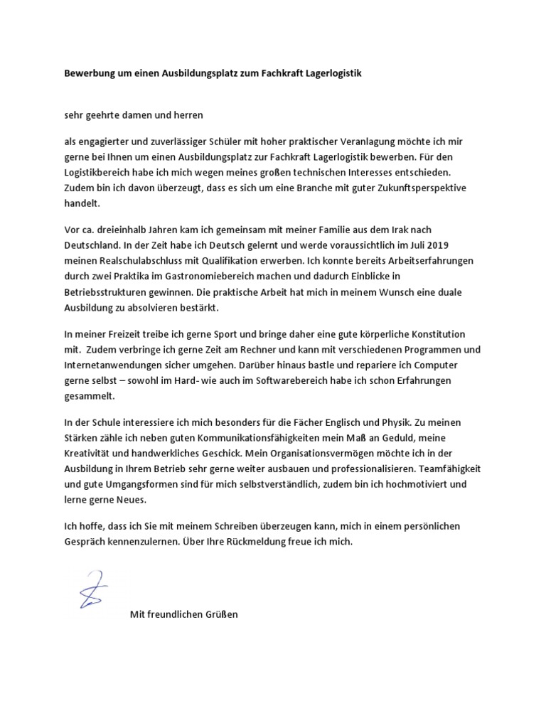 Bewerbung Um Einen Ausbildungsplatz Zum Fachkraft Lagerlogistik