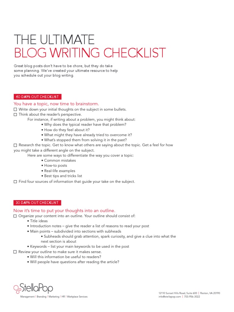 StellaPop Ultimate Blog Writing Checklist 60 Days | PDF | Blog ...