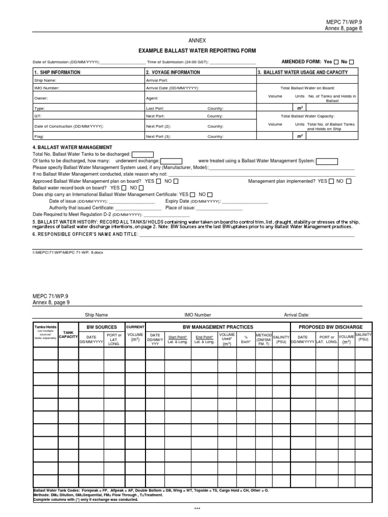 Example Ballast Water Reporting Form From 2017 Guidelines For Ballast