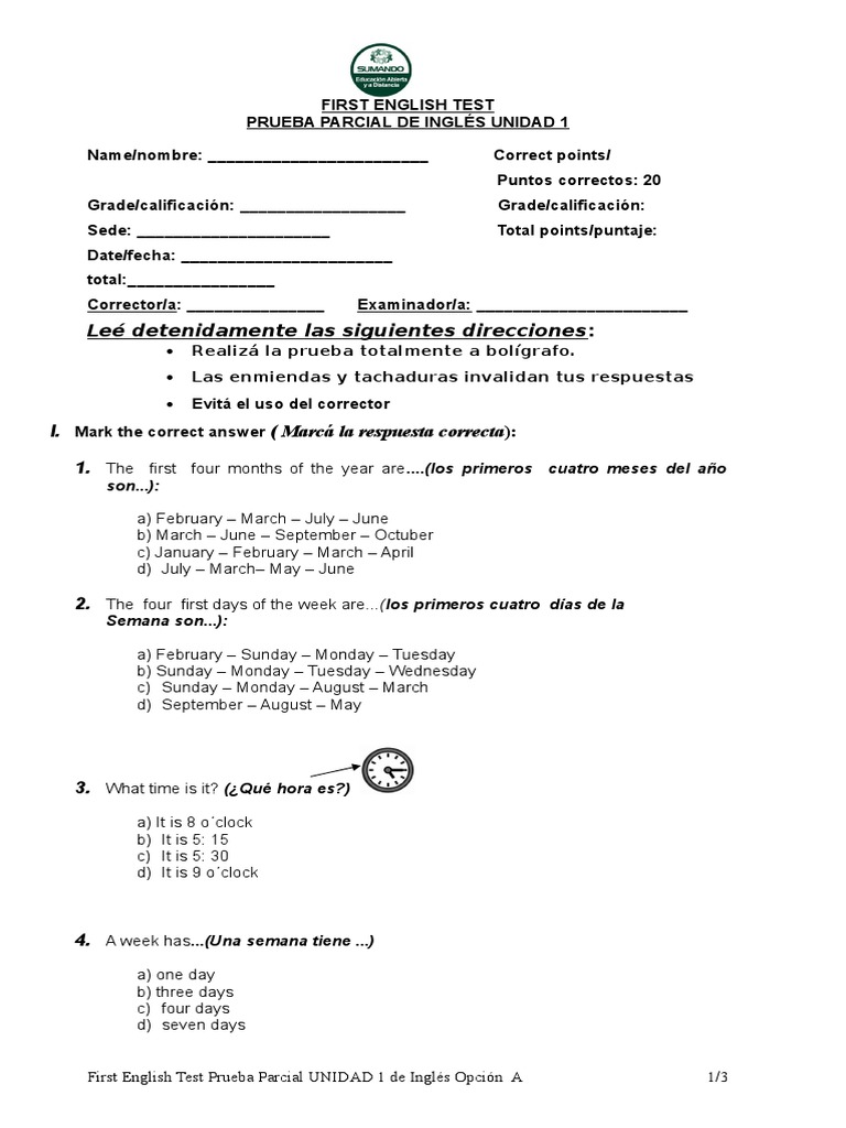 Examen Parcial Inglés Unidad 1 | PDF | Idiomas
