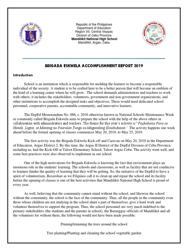 Brigada Eskwela Accomplishment Report 2019 Pdf Wash Hygiene