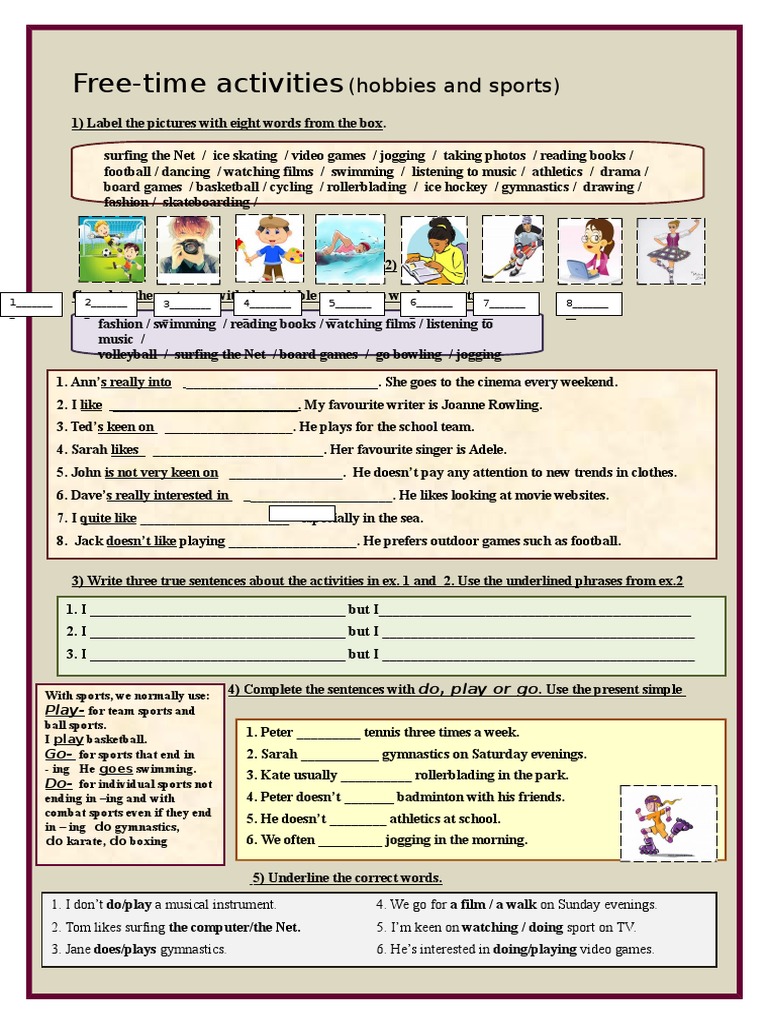 Freetime Activities Hobbies And Sports Exercises Information Gap Activities Picture Description Exe 476 Pdf Sports Leisure