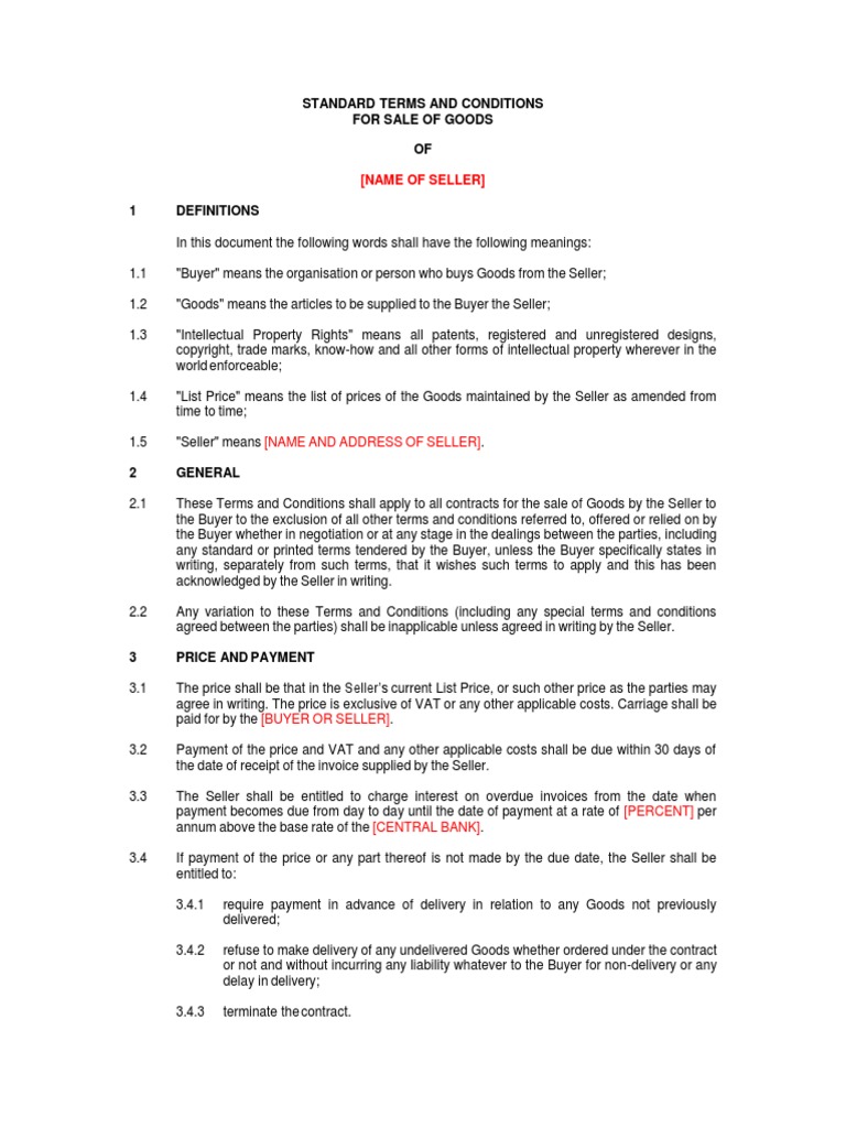 Standard Terms And Conditions For Sale Of Goods OF Contractual Term
