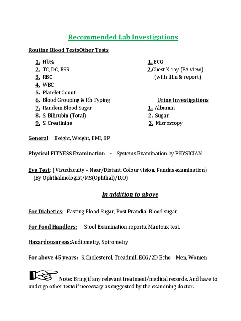 Recommended Lab Investigations: (By Ophthalmologist/MS (Ophthal) /D.O ...