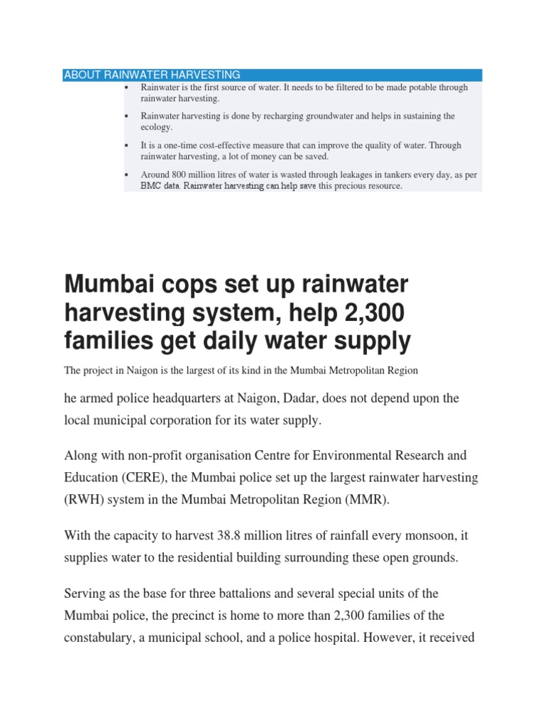 Mumbai's Largest Rainwater Harvesting Project | PDF | Drinking Water ...