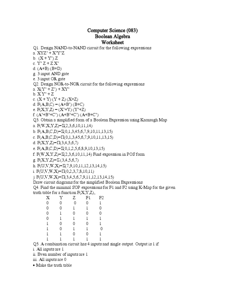 Computer Science (083) Boolean Algebra Worksheet | PDF | Theory Of ...