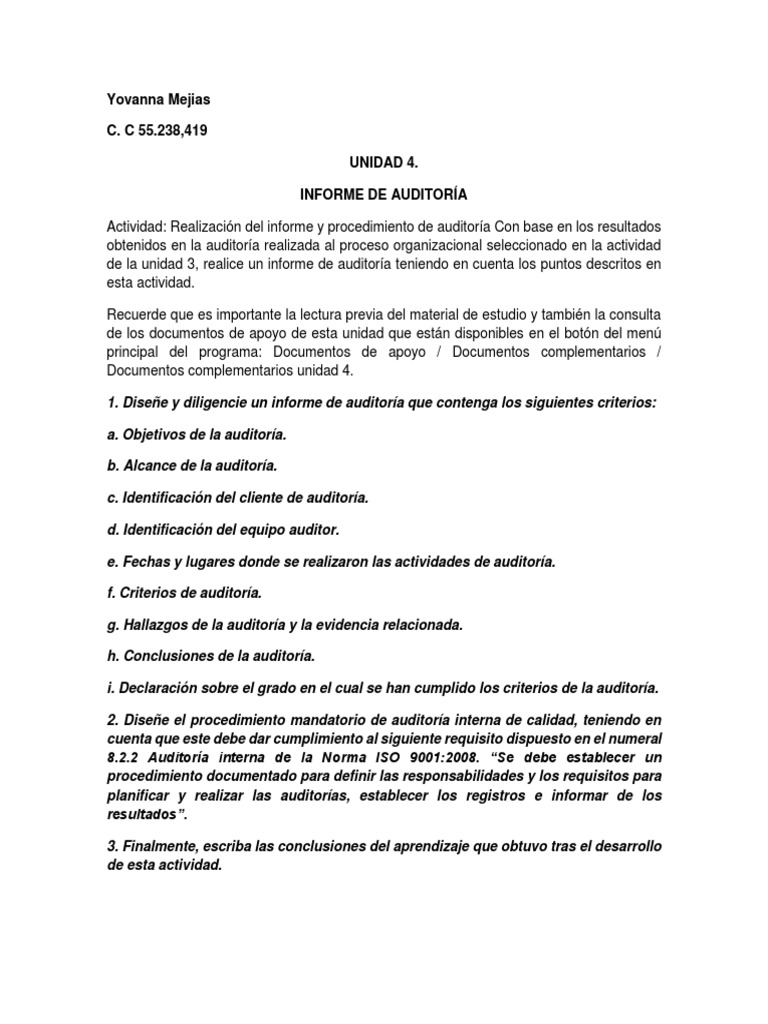 Informe de Auditoría Interna ISO 9001 | PDF | Auditoría | Calidad ...