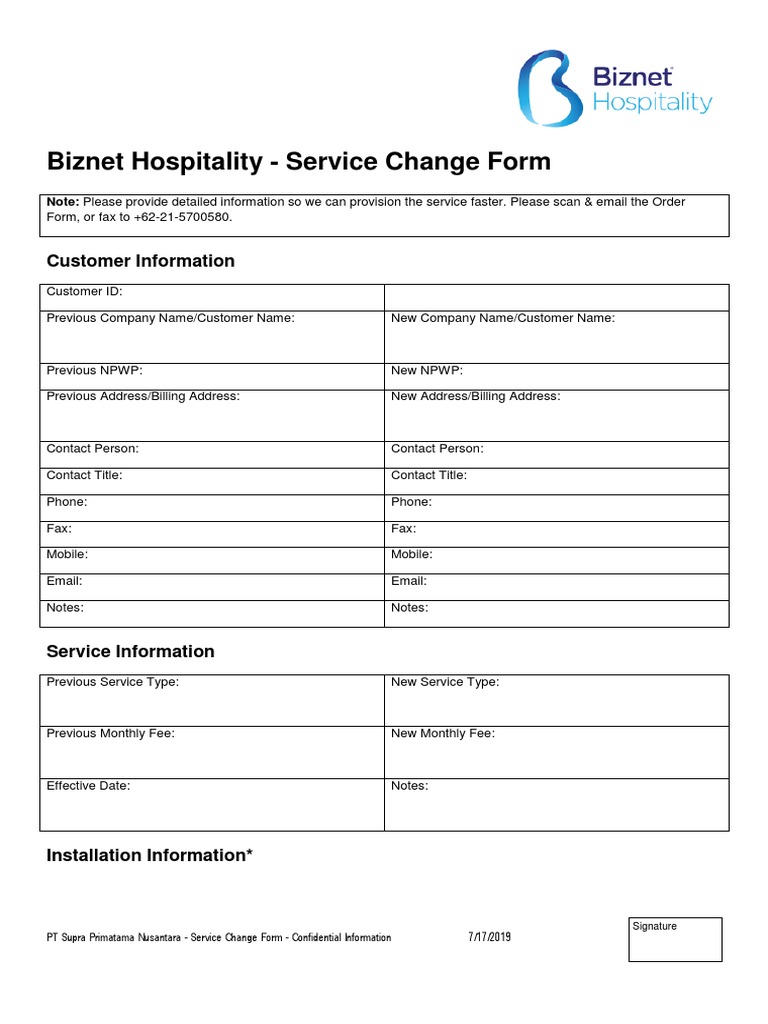 Service Change Form Biznet Hospitality Docx Credit Card Fax