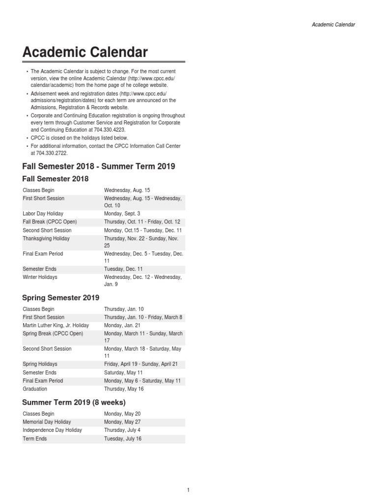 Cpcc 2023 Calendar Cpcc Academic Calendar | Pdf | Academic Term | Educational Institutions