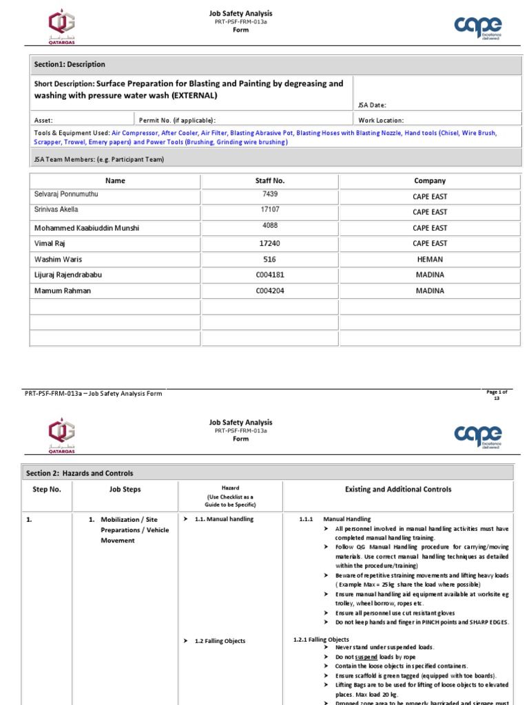 Job Safety Analysis for Surface Prep | PDF | Personal Protective ...