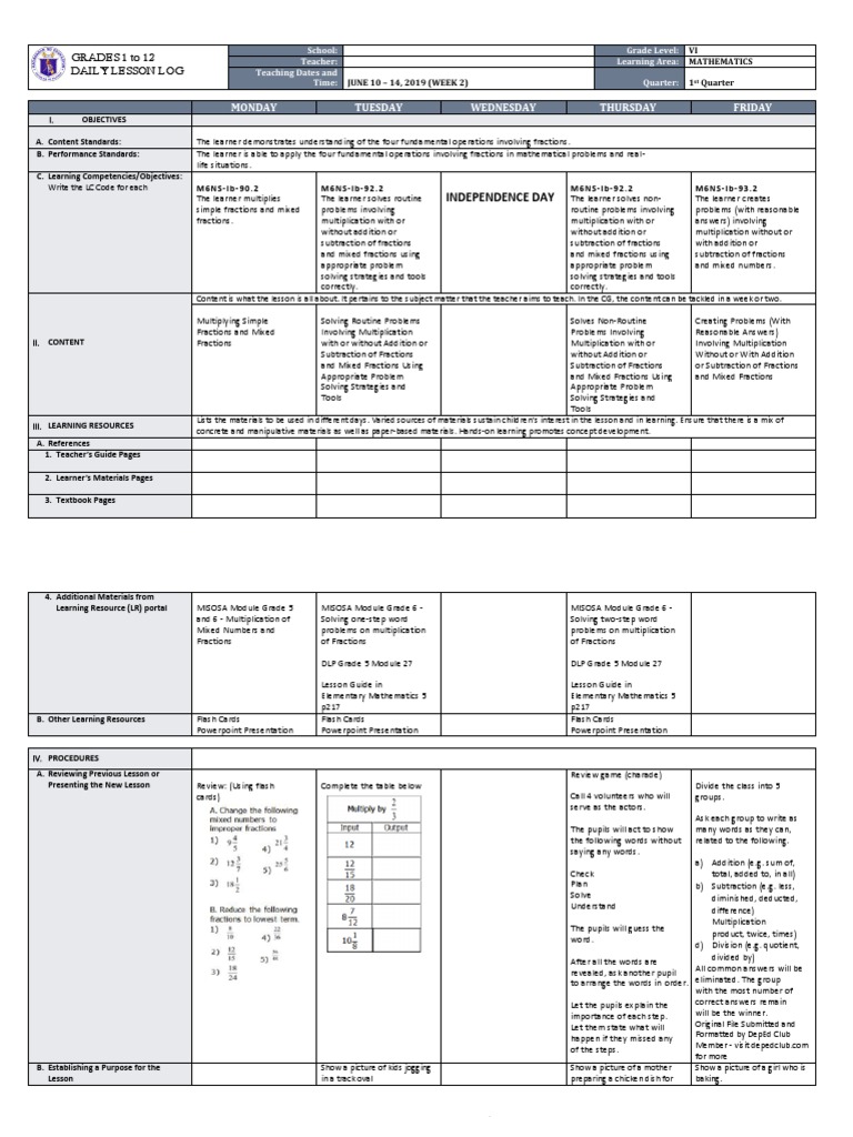 Daily Lesson Log: Math Grades 6 Fractions | PDF | Fraction (Mathematics ...