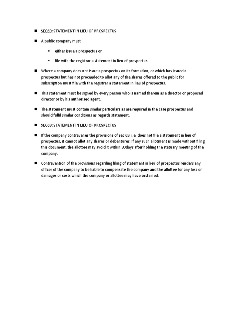 SEC 69: Statement in Lieu of Prospectus | PDF