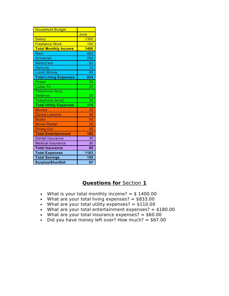Total Monthly Income 1400: Questions For Section 1 | PDF