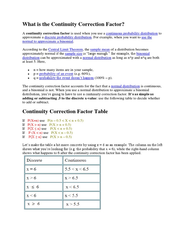 Continuity Factor P Value Probability Distribution