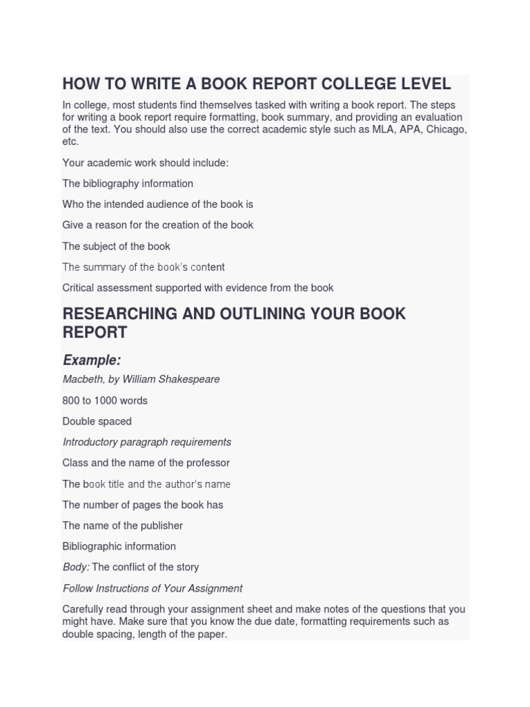 how to write a book report college level example