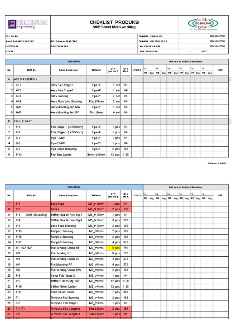 Checklist Produksi WIP POLE-6m - MiniCME | PDF