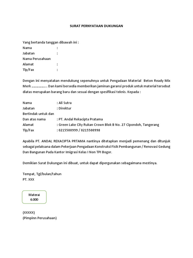 Contoh Surat Dukungan Material