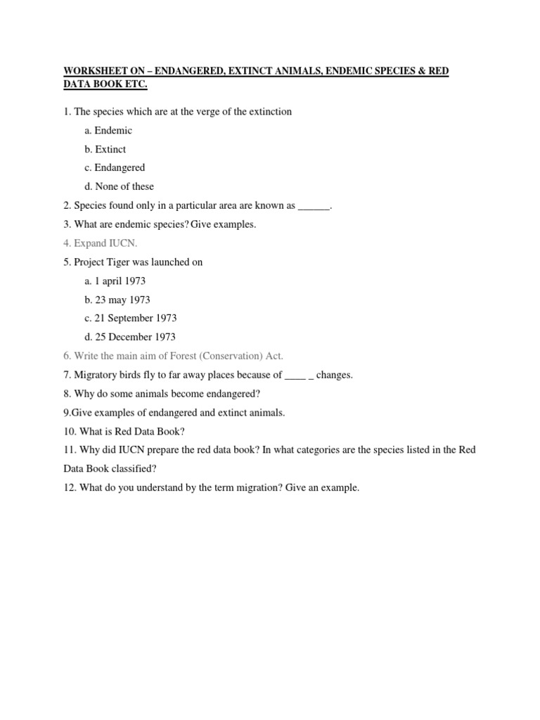 Expand IUCN.: Worksheet On - Endangered, Extinct Animals, Endemic ...