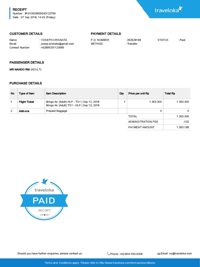 receipt tiket pesawat traveloka