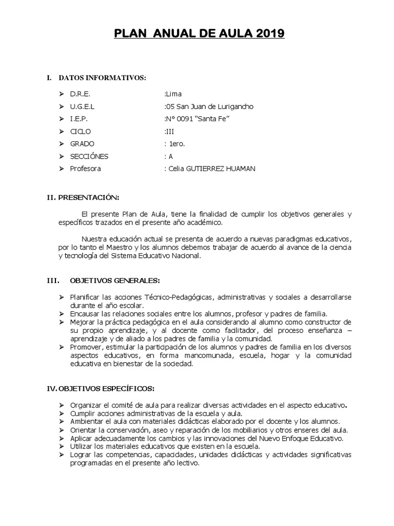 Plan Anual de Aula 2019 | PDF | Salón de clases | Maestros