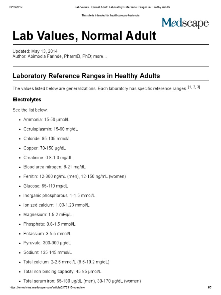 Lab Values, Normal Adult Laboratory Reference Ranges in Healthy Adults High Density