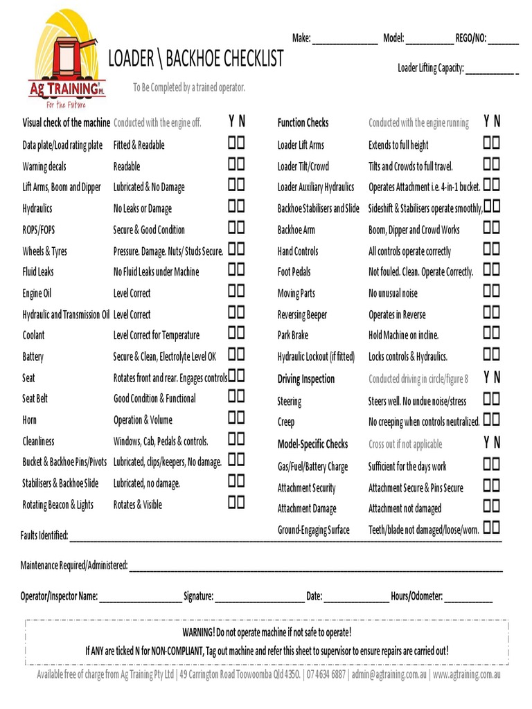Backhoe Checklist PDF Loader (Equipment) Vehicle Technology
