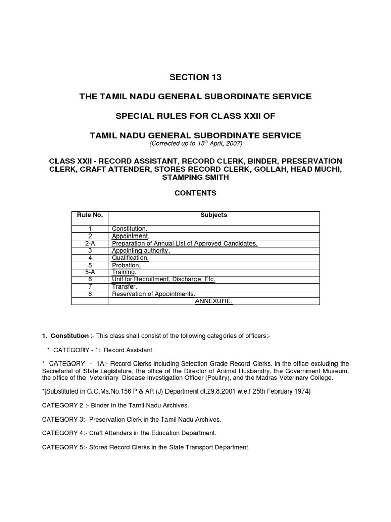 Section 13 The Tamil Nadu General Subordinate Service Special Rules For