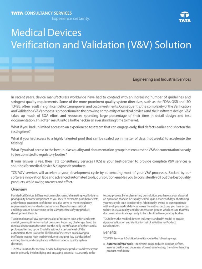 Medical Devices Verification and Validation (V&V) Solution Engineering