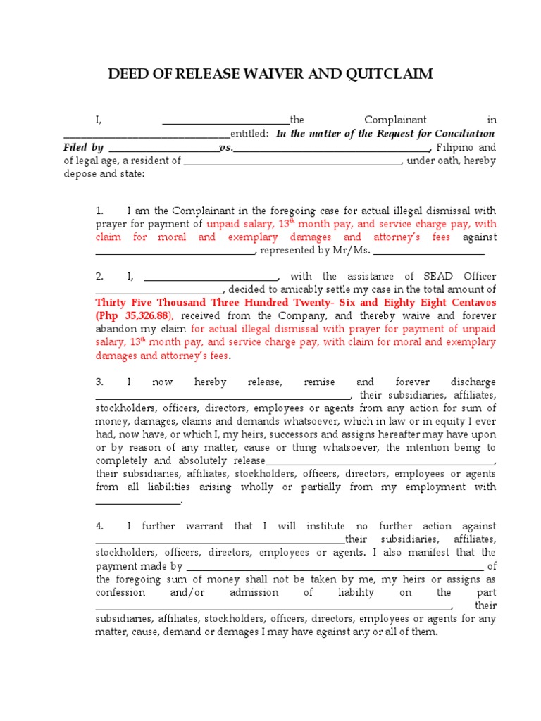 Quitclaim Template | PDF | Damages | Employment