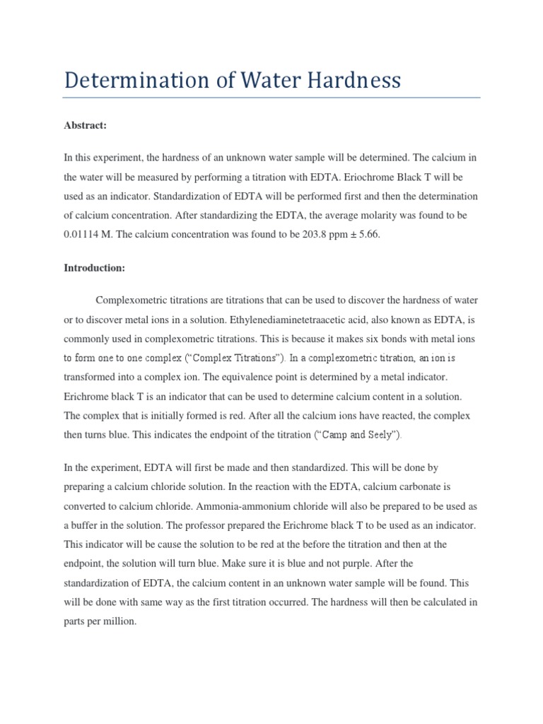 Determination of Water Hardness Report PDF Titration Chemistry