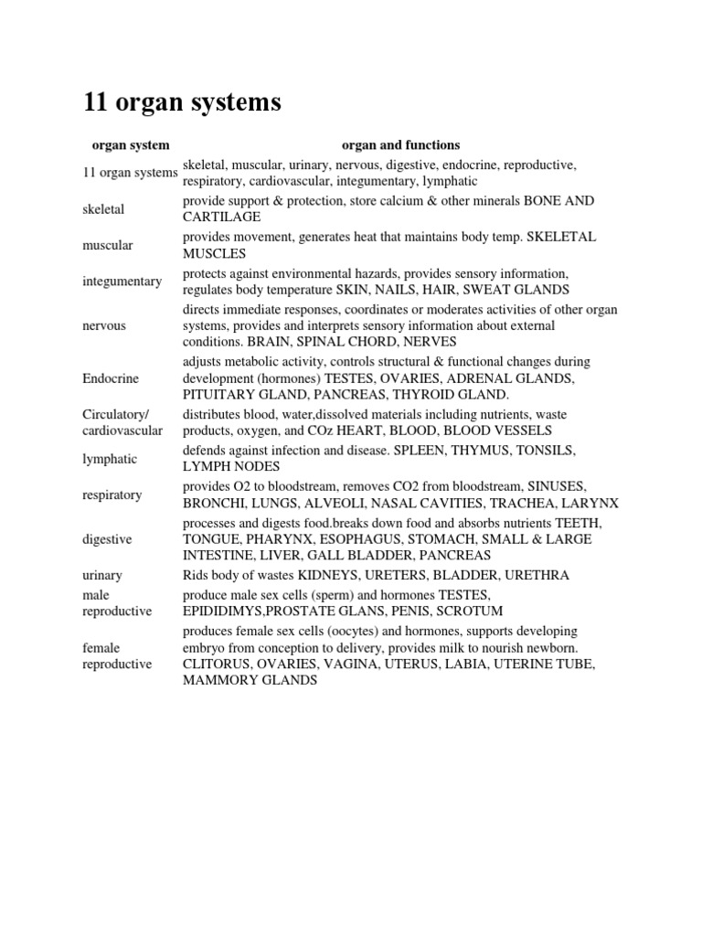 Overview of 11 Human Organ Systems | PDF | Science & Mathematics