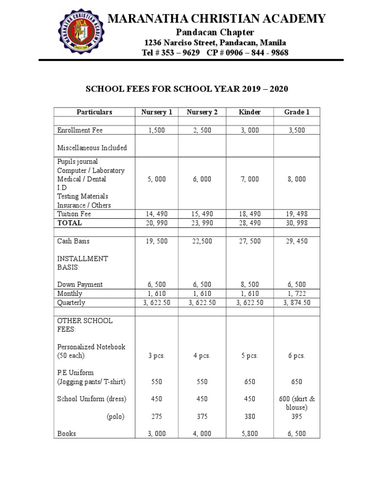 Maranatha Christian Academy: School Fees For School Year 2019 - 2020 | PDF
