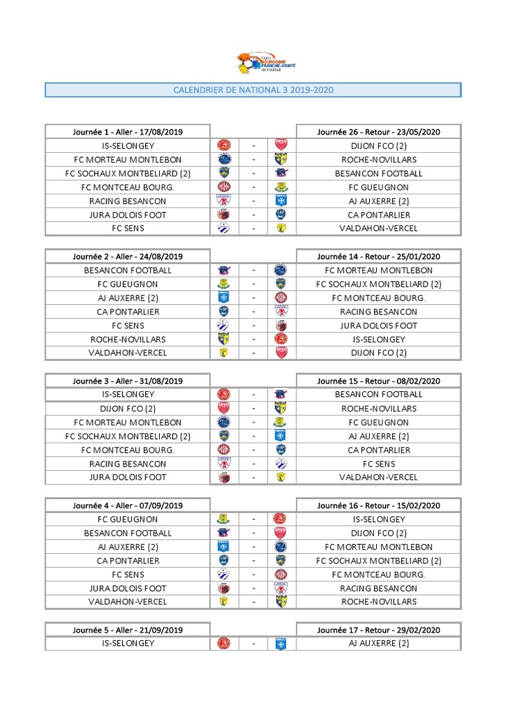FOOTBALL Le Calendrier 2019-2020 de National 3 | Équipes de football
