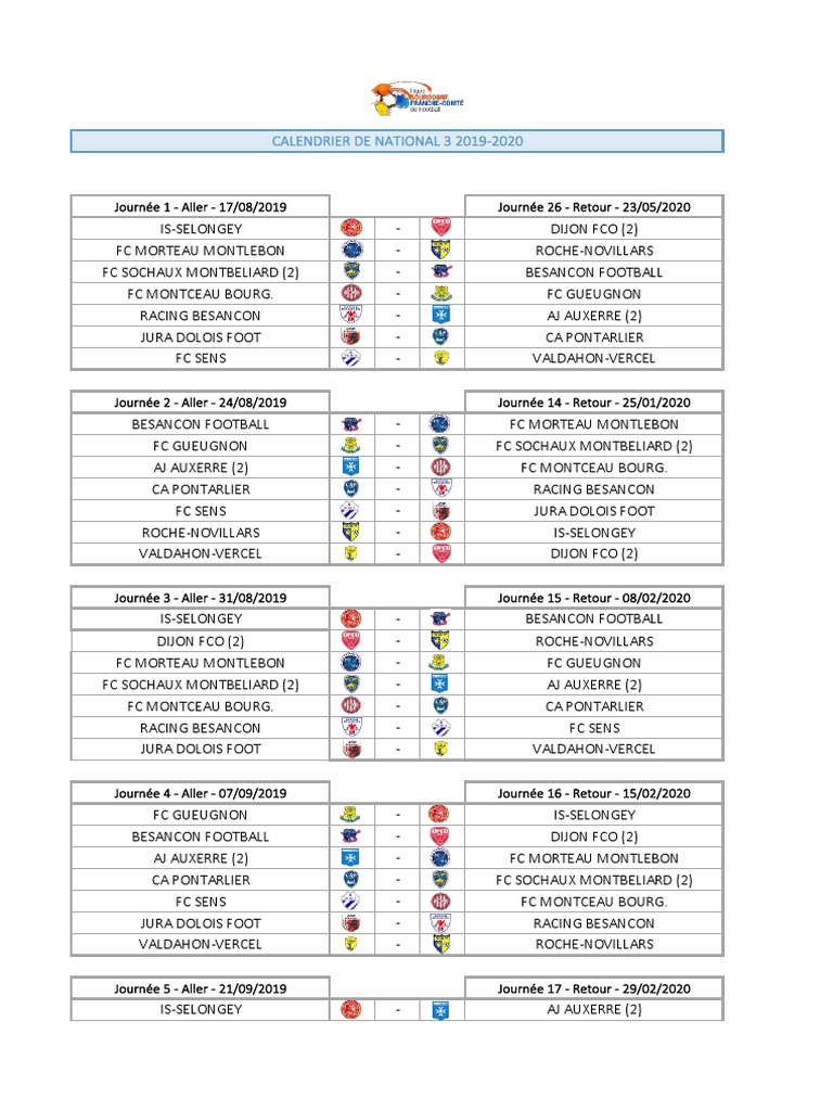 FOOTBALL Le Calendrier 2019-2020 de National 3 | Équipes de football ...