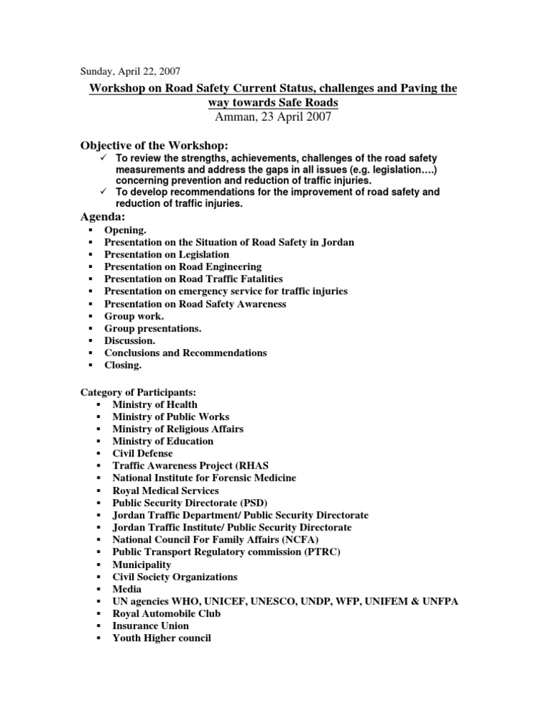 Road Safety Workshop Agenda Jor | PDF | Road Traffic Safety | Safety