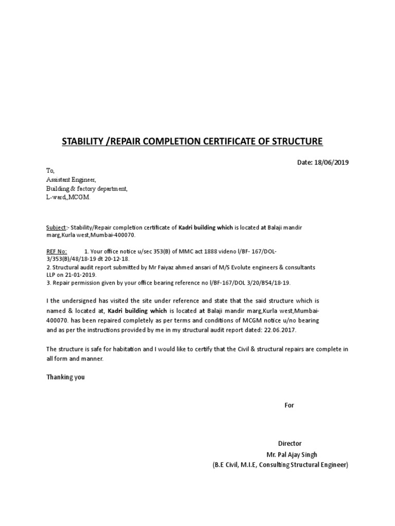 Stability Certificate for Kadri Building | PDF