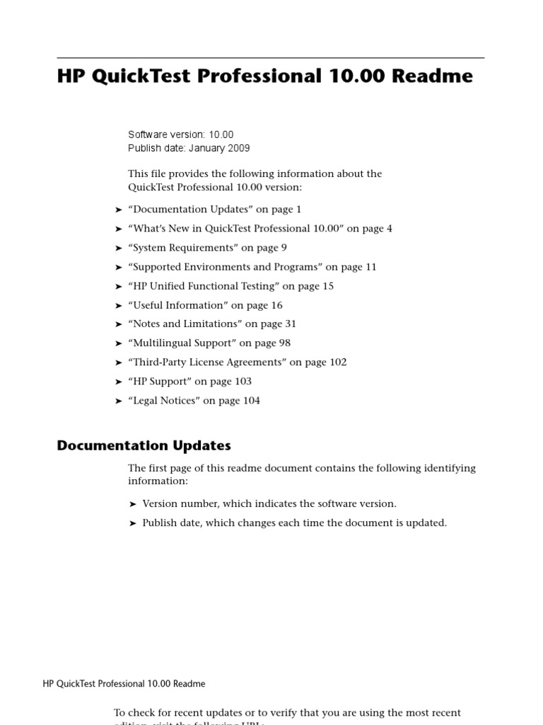 HP Quicktest Professional 10.00 Readme: Documentation Updates | PDF