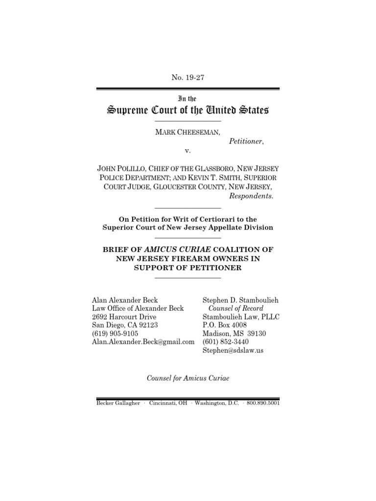 Cheesman Amicus Brief NJ2A | PDF | Overview Of Gun Laws By Nation | Police