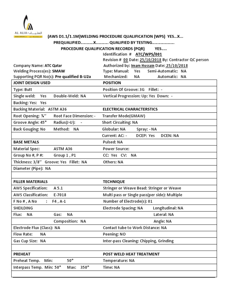 Prequalified X Qualified by Testing Procedure Qualification Records