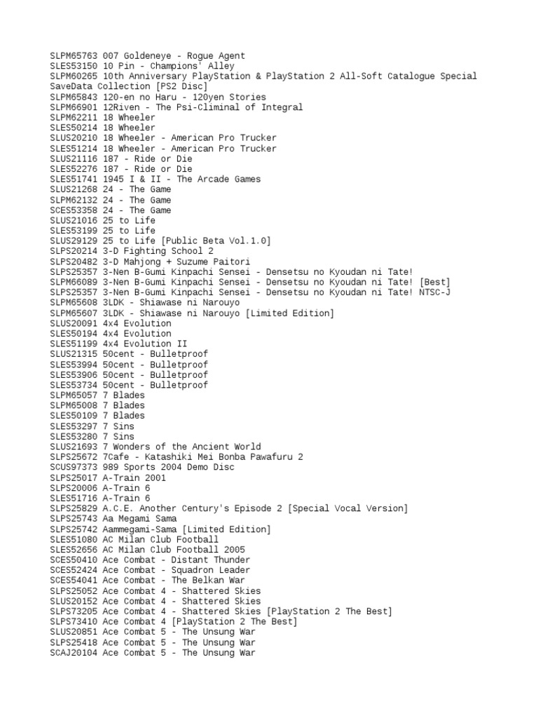 Document listing various PlayStation 2 game titles PDF Sports Leisure