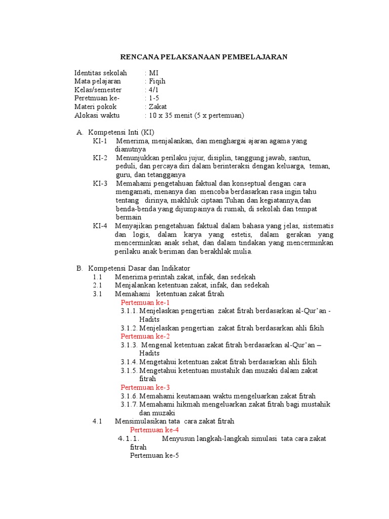 Rpp Fiqih Mi Kls 4 Kd 1 Versi 5 Pertemuan