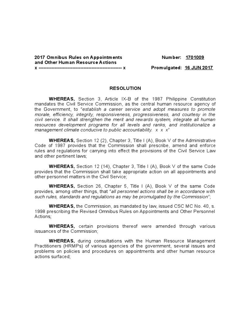 The 2017 Omnibus Rules on Appointments and Other Human Resource Actions