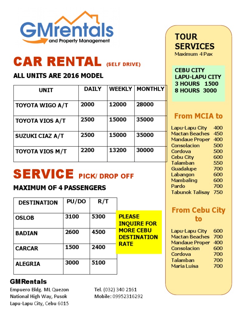 Car Rental Tarrif | Download Free PDF | Cebu | Cars Of Japan