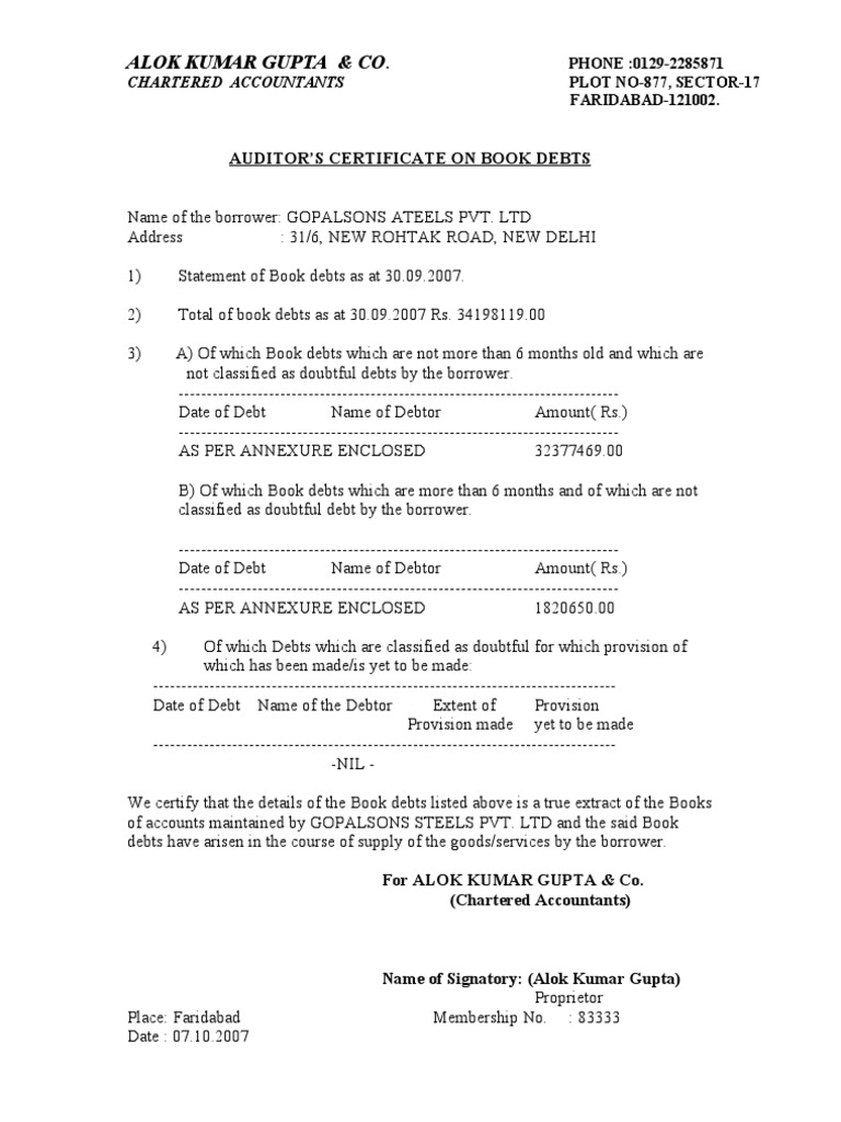 0 Ca Certificate On Book Debts PDF Debtor Accountant